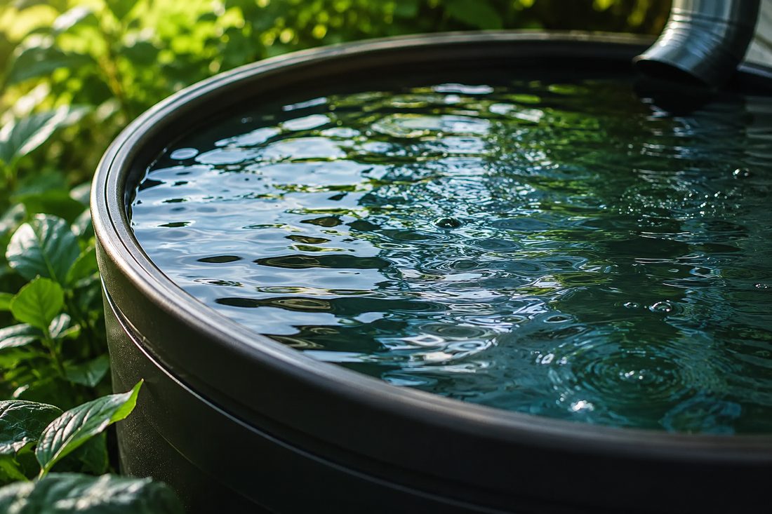 Rainwater from a downspout filling a rain barrel in a garden